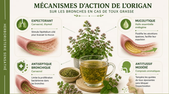 Infographie mécanismes d’action de l’origan sur les bronches pour soulager la toux grasse et la bronchite naturellement - Herboristerie Sensathé Infographie mécanismes d’action de l’origan sur les bronches pour soulager la toux grasse et la bronchite naturellement - Herboristerie Sensathé
